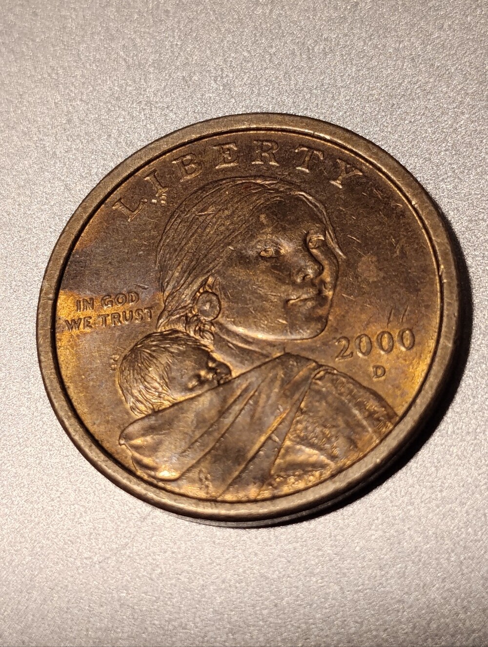 2000 D Golden Bronze Tone One Dollar Eagle Circulated Collectable Coin Error S